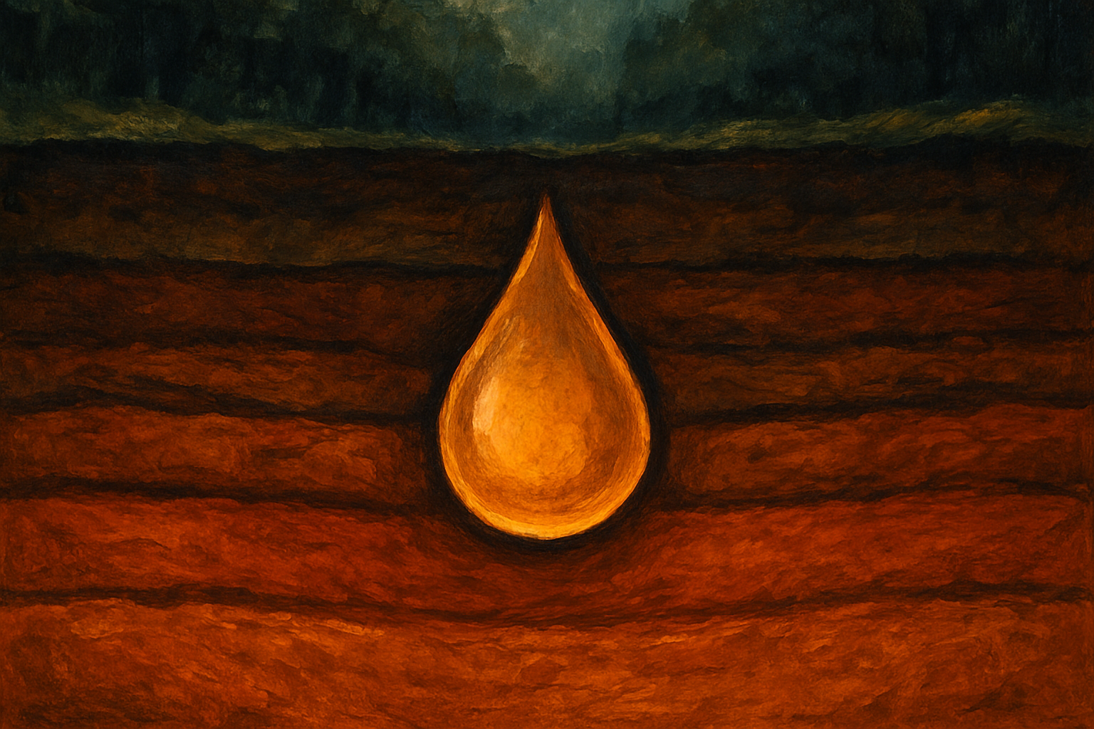 Painted water drop set into layers of reddish rock under a dark forest