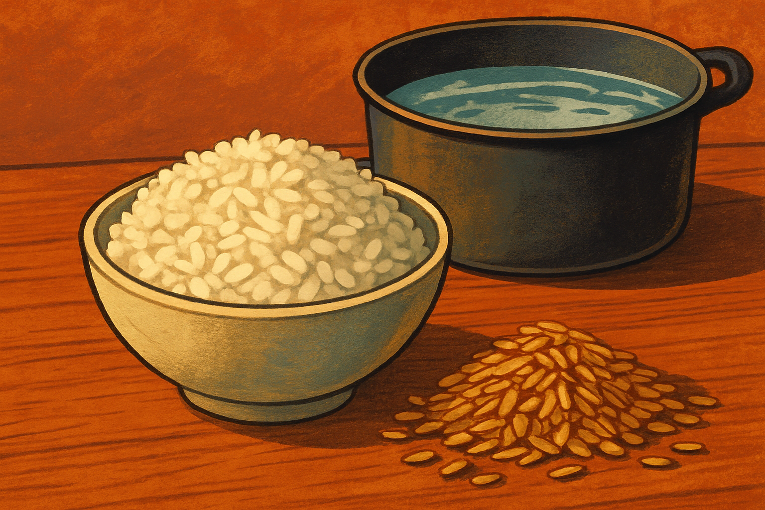 A bowl of cooked white rice, a heap of brown rice grains and a pot of water on a wooden counter