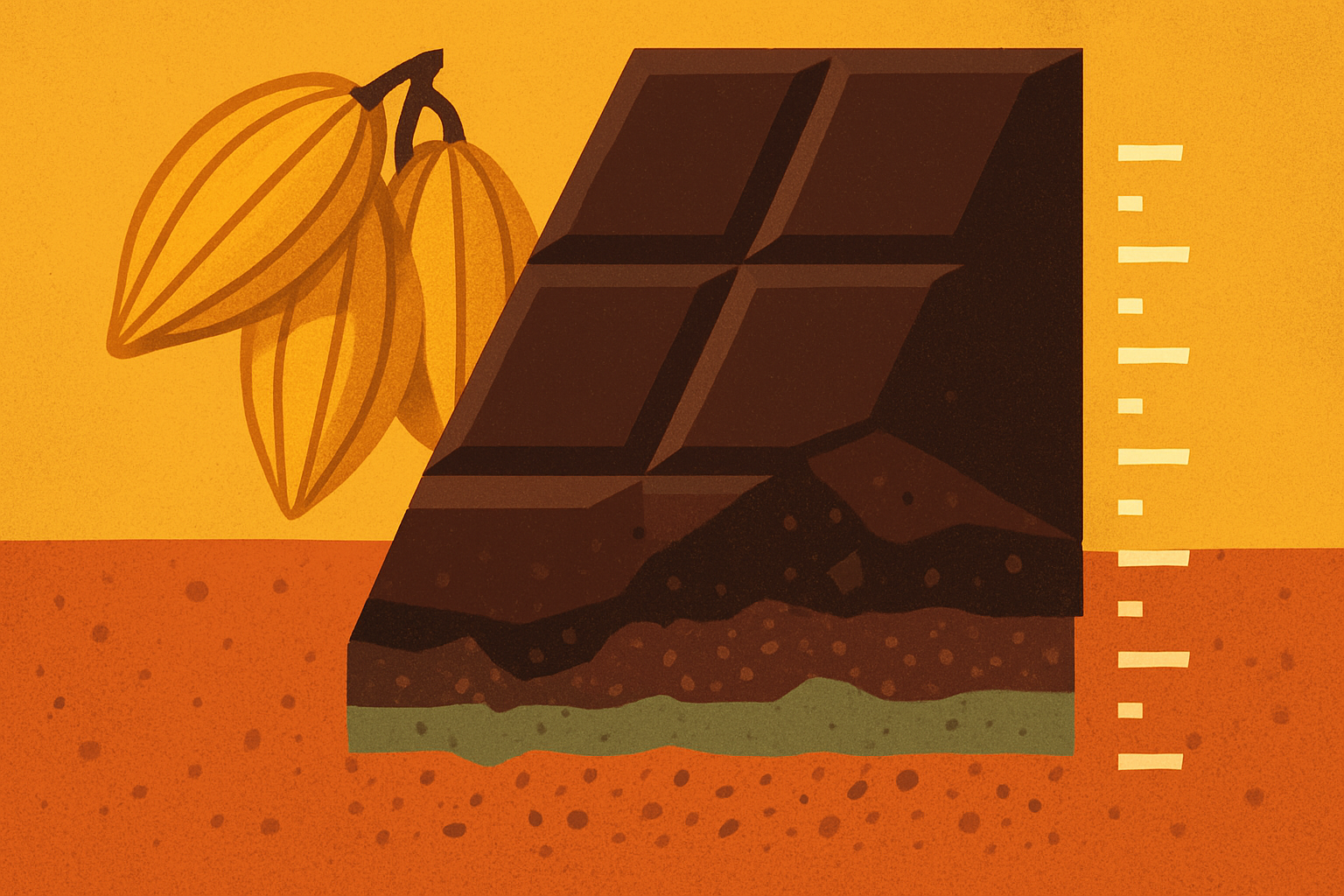 Painted dark chocolate bar sitting on layered soil beside cacao pods and a measuring scale