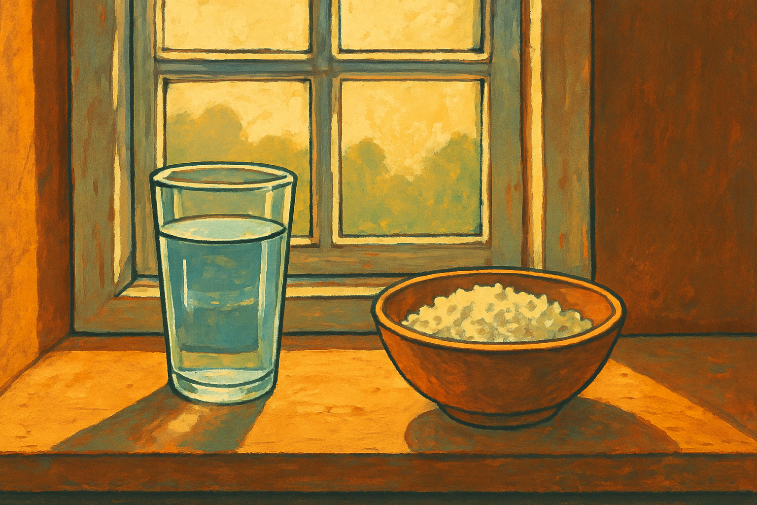 A glass of tap water and a bowl of rice on a sunlit windowsill with an old painted window frame