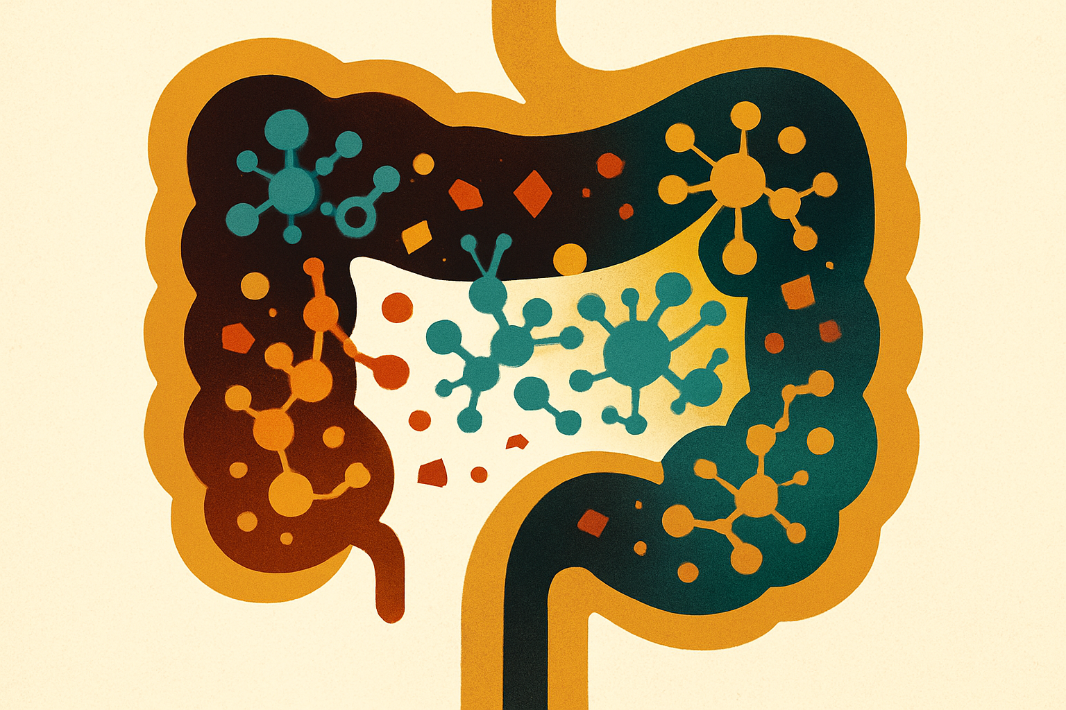 Illustration of the intestine with bacteria and small metal particles