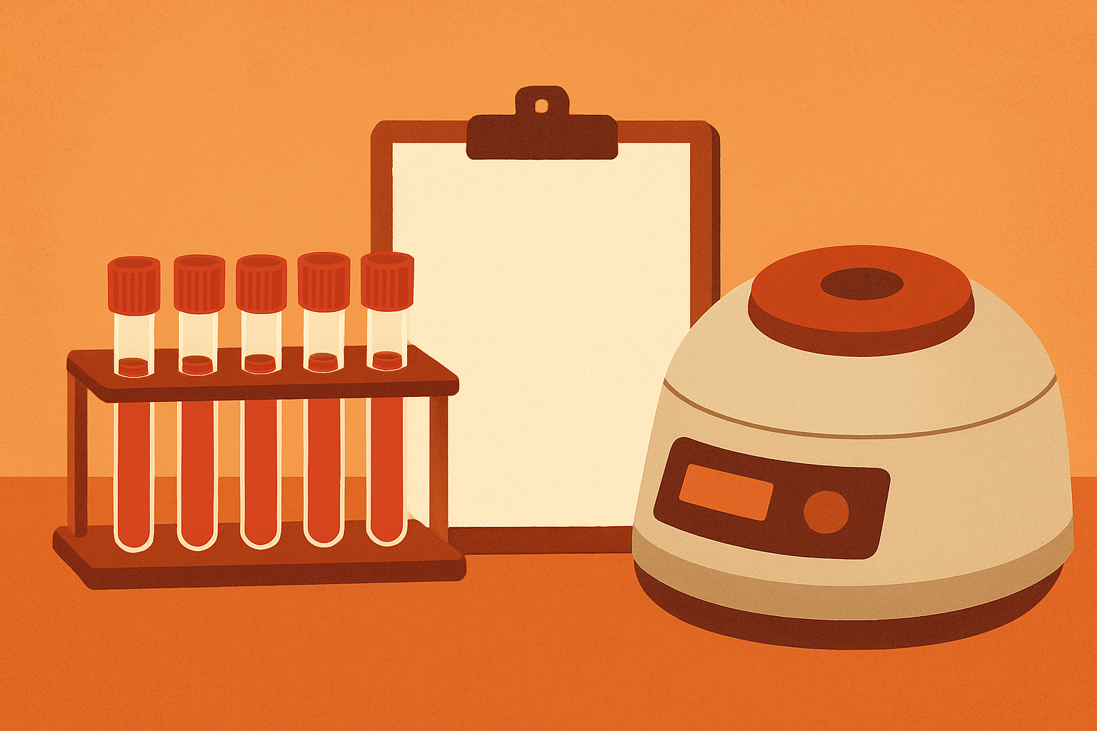 Illustration of blood sample tubes, a clipboard and a laboratory centrifuge