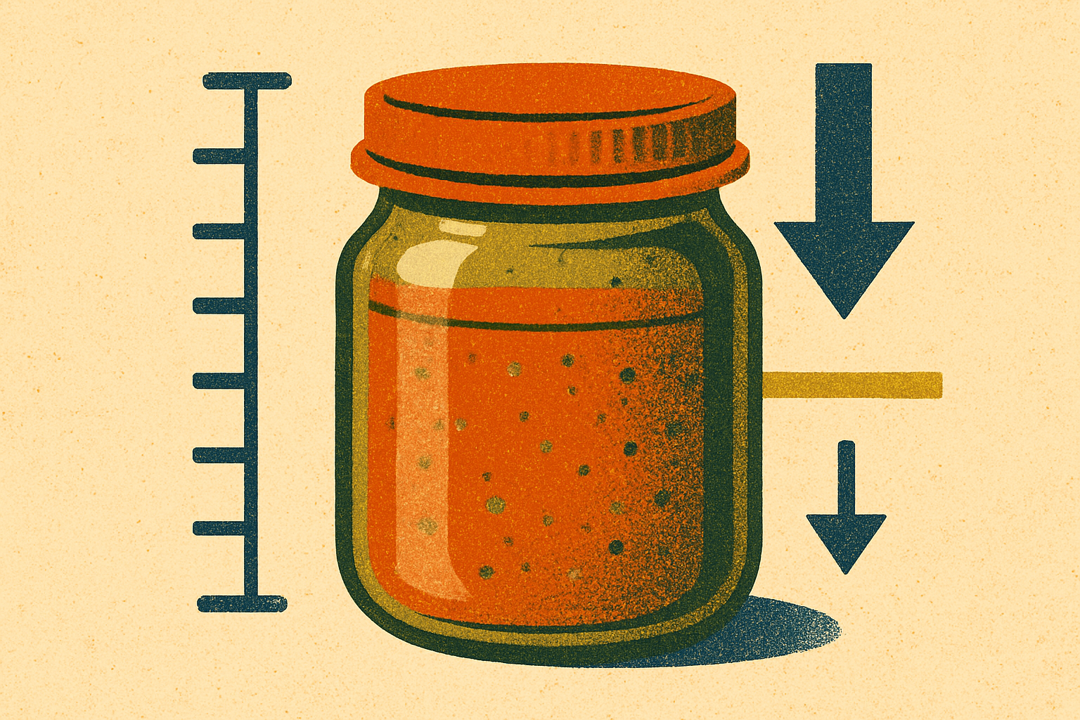 Painted baby food jar beside a measuring scale and downward arrows