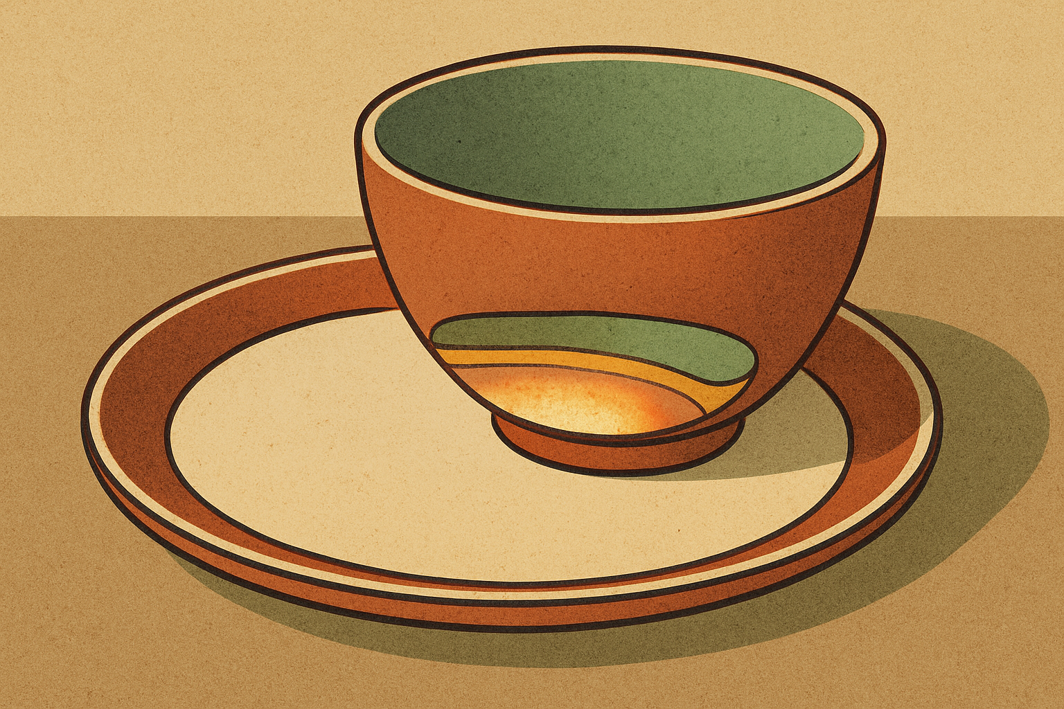 Illustration of a terracotta bowl on a saucer with a glowing glaze band