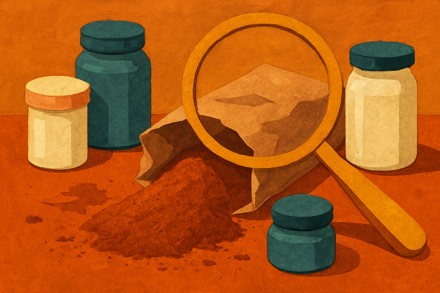 Spice jars and a paper bag of ground spice under a magnifying glass
