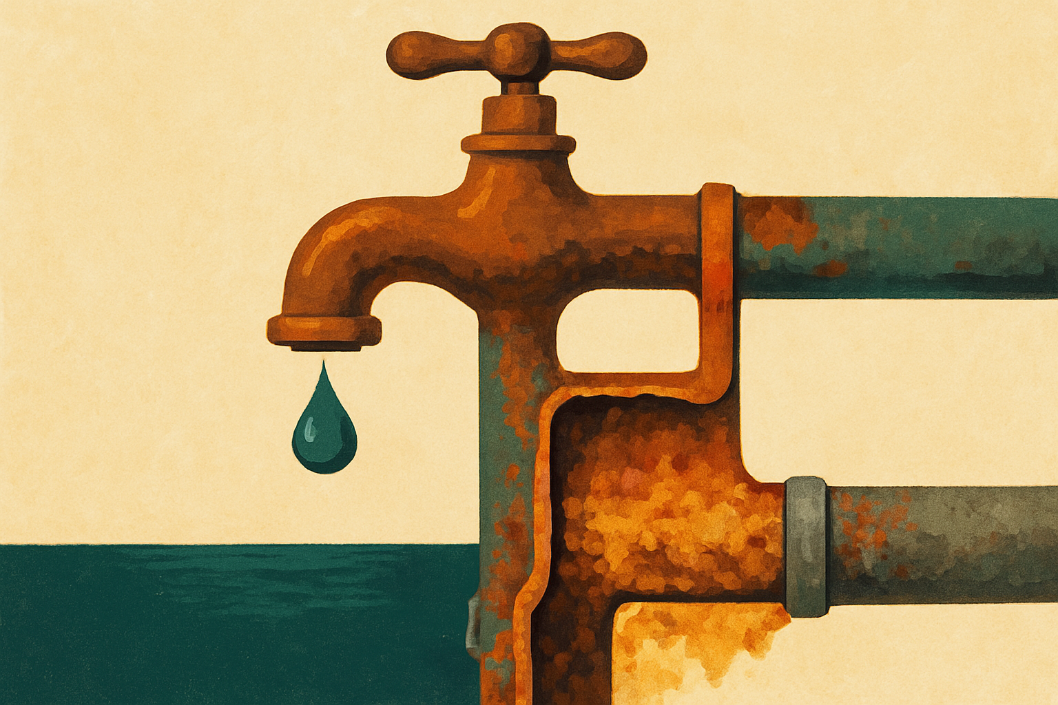 A rusted tap and pipe with a single drop of water