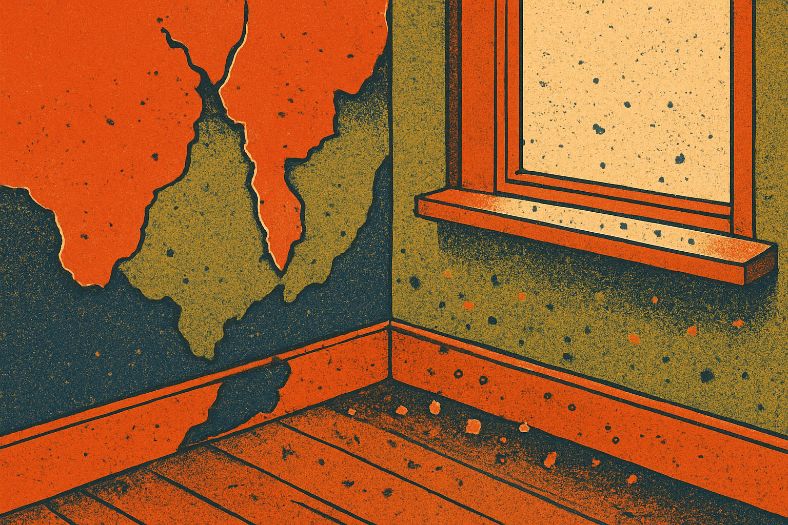Peeling paint on an old wall beside a window sill, with paint chips on the floor