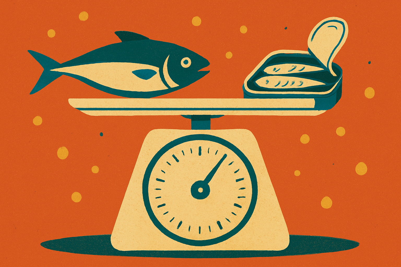 A whole fish and an open tin of sardines on a kitchen scale