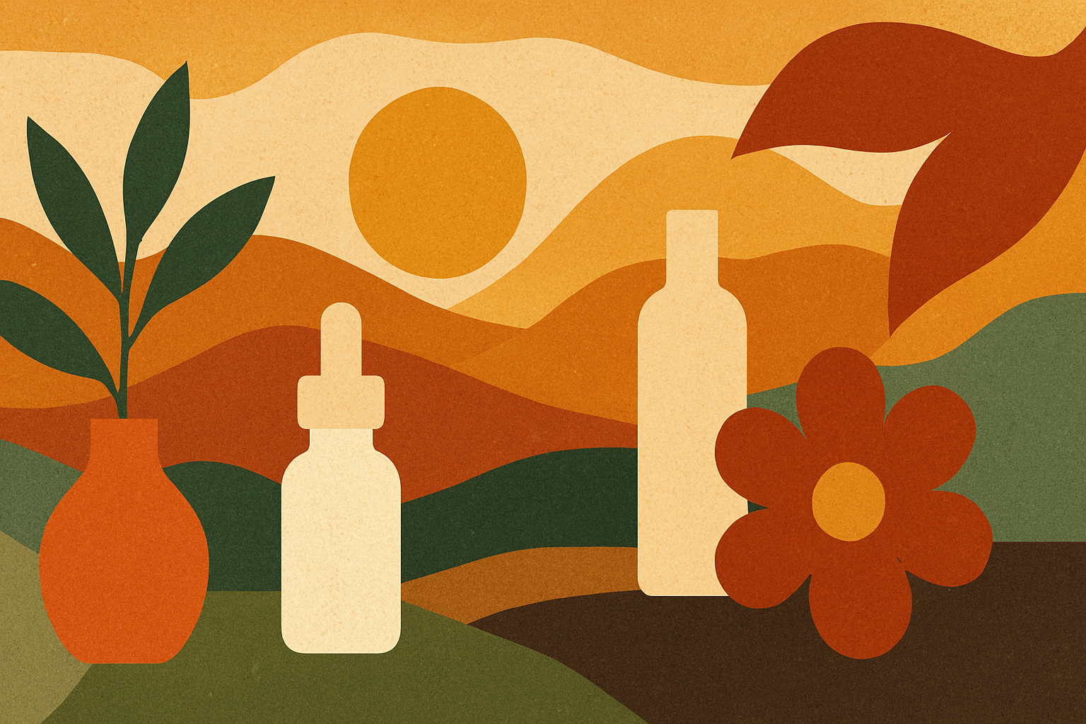 Illustration of cosmetic bottles, a plant in a vase and a flower against warm hills and a sun